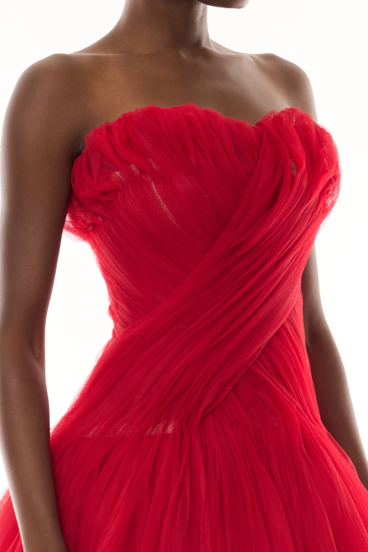 Monique Lhuillier Fall 2026 Siren red French Tulle strapless draped ballgown - fabric.
