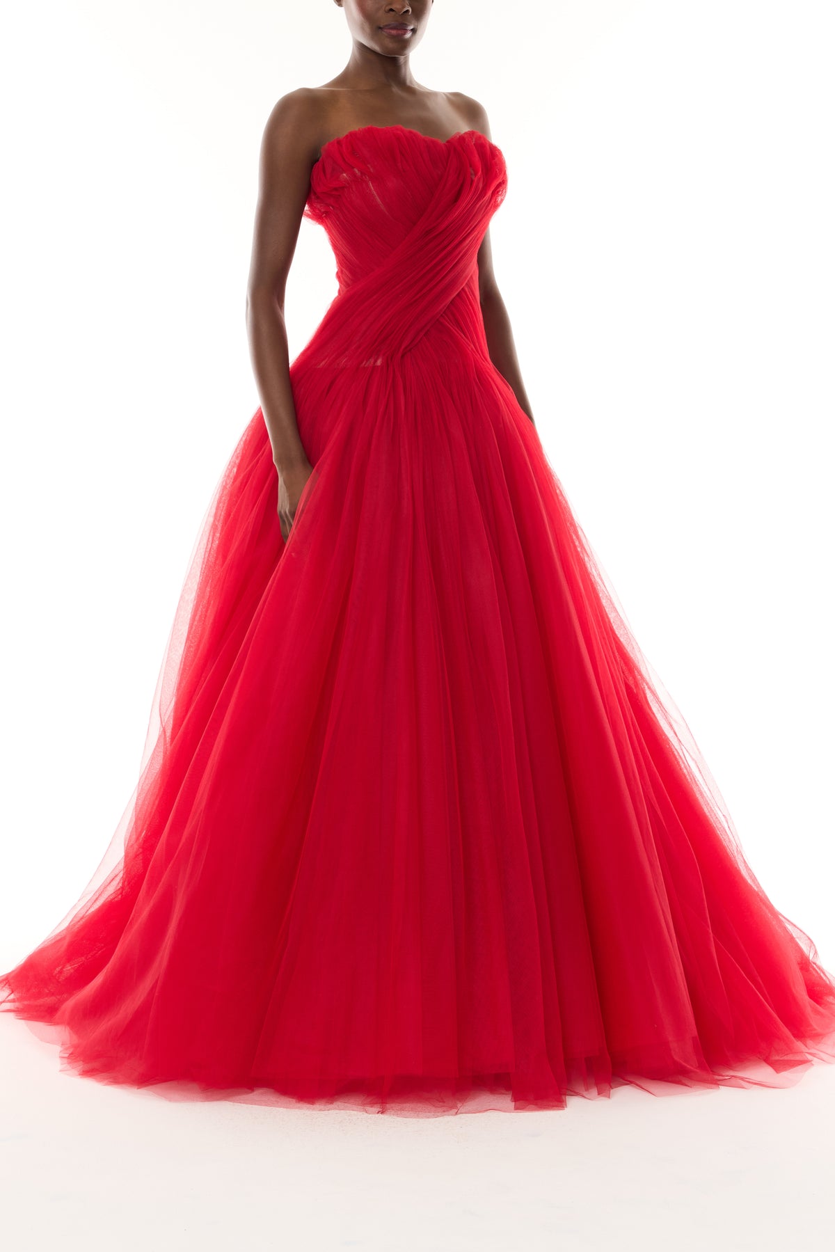 Monique Lhuillier Fall 2026 Siren red French Tulle strapless draped ballgown - side.