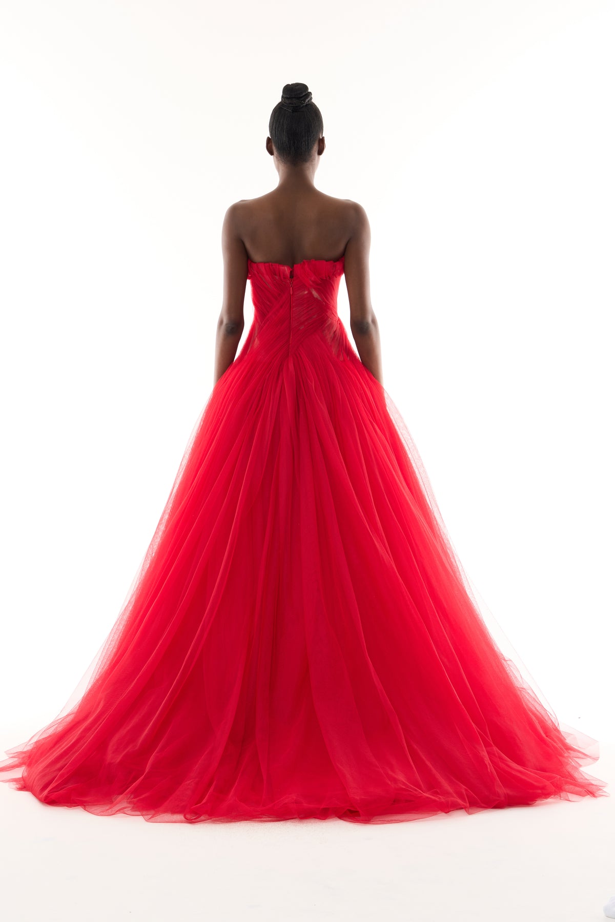 Monique Lhuillier Fall 2026 Siren red French Tulle strapless draped ballgown - back.
