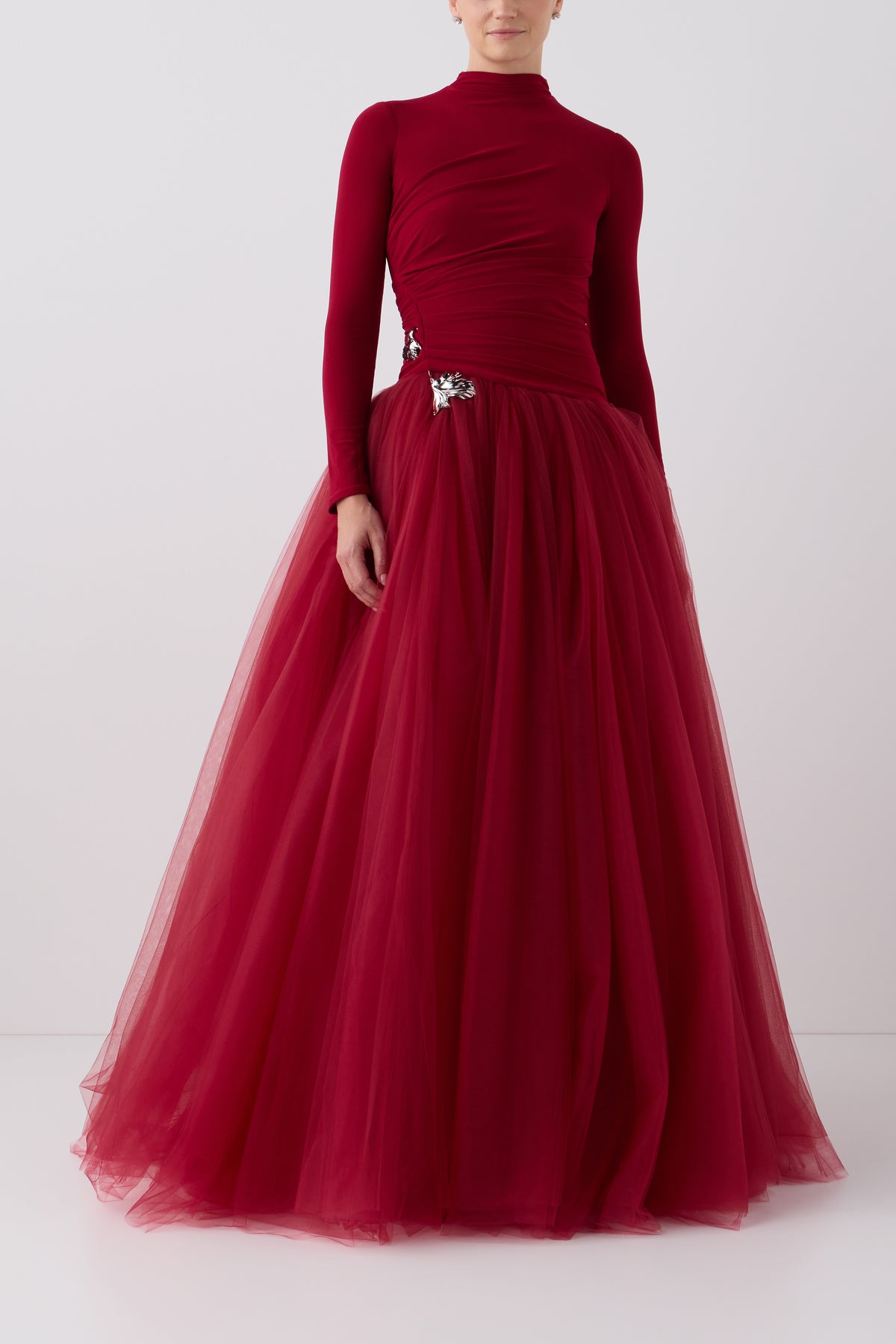 Monique Lhuillier Fall 2026 Rhubarb crepe jersey and tulle Long sleeve dropped waist floor-length gown with floral embellishment - fabric.