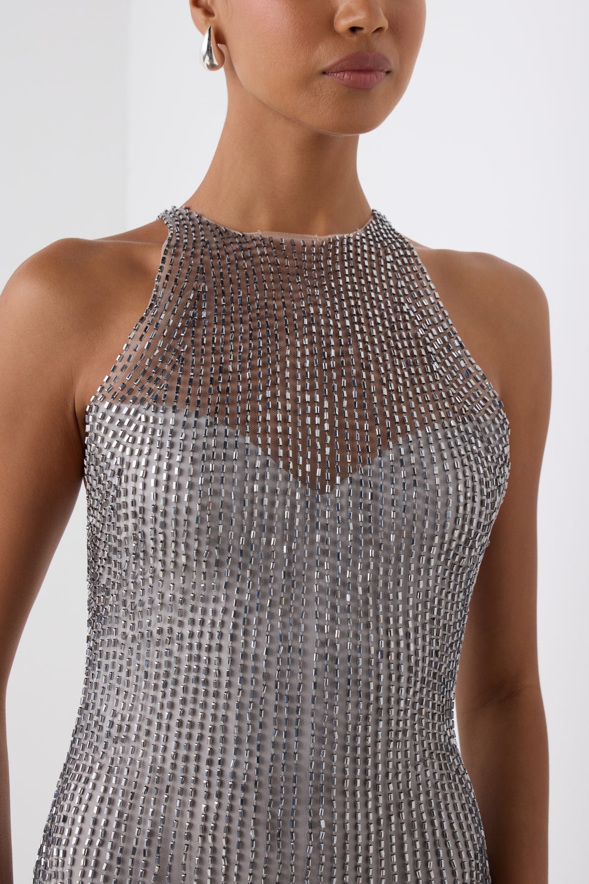 Monique Lhuillier Fall 2026 Silver embroidered tulle halter column gown - fabric.