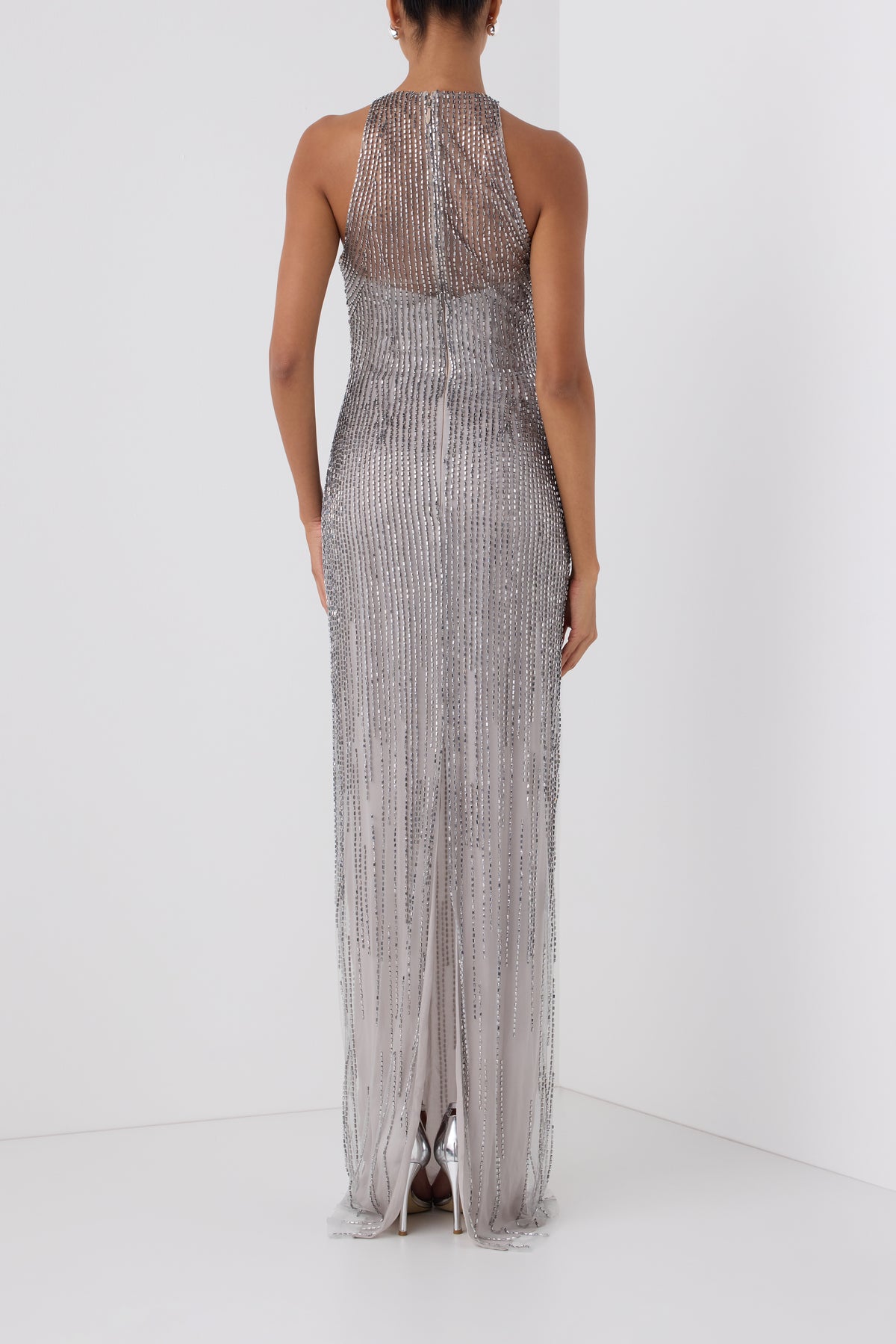 Monique Lhuillier Fall 2026 Silver embroidered tulle halter column gown - back,