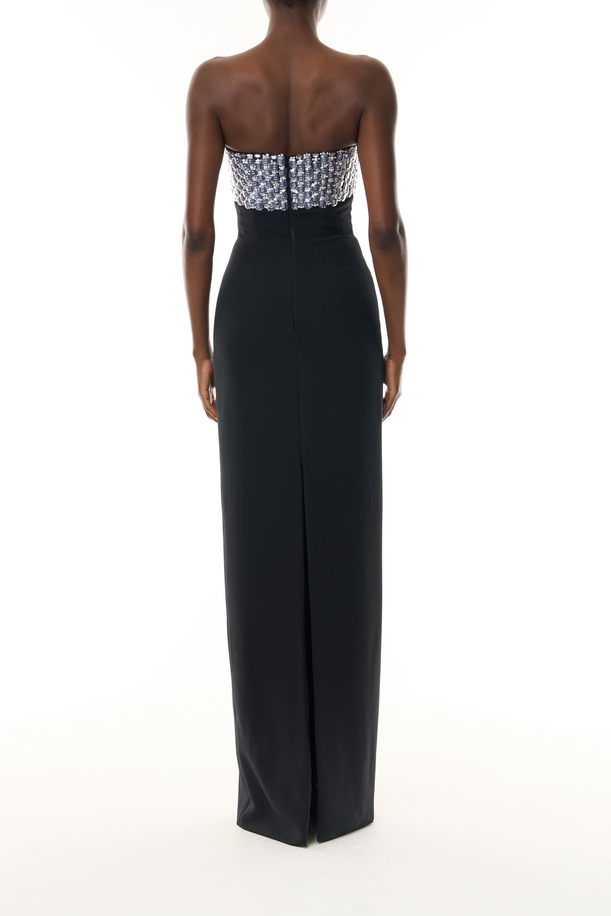 Monique Lhuillier Fall 2026 Noir Embroidered crepe strapless column gown - back.
