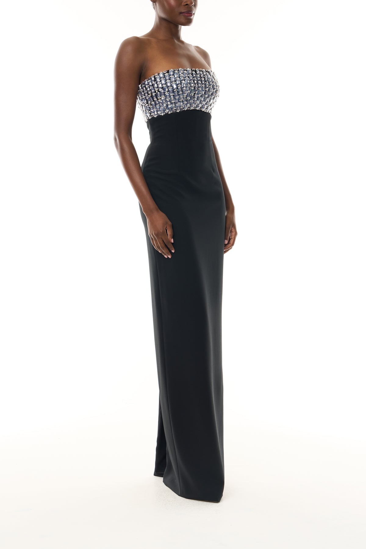 Monique Lhuillier Fall 2026 Noir Embroidered crepe strapless column gown - side.