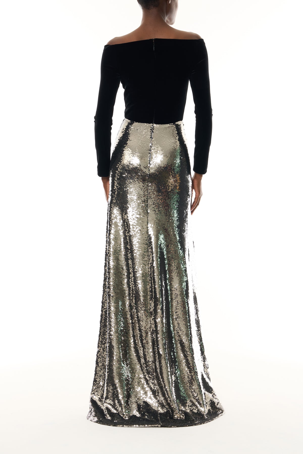 Monique Lhuillier Fall 2026 Noir velvet and Chrome sequin off-the-shoulder long sleeve floor length gown - back.