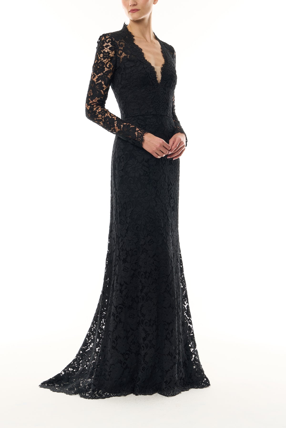 Monique Lhuillier Fall 2026 Noir Peony Lace deep V long sleeve gown - side.