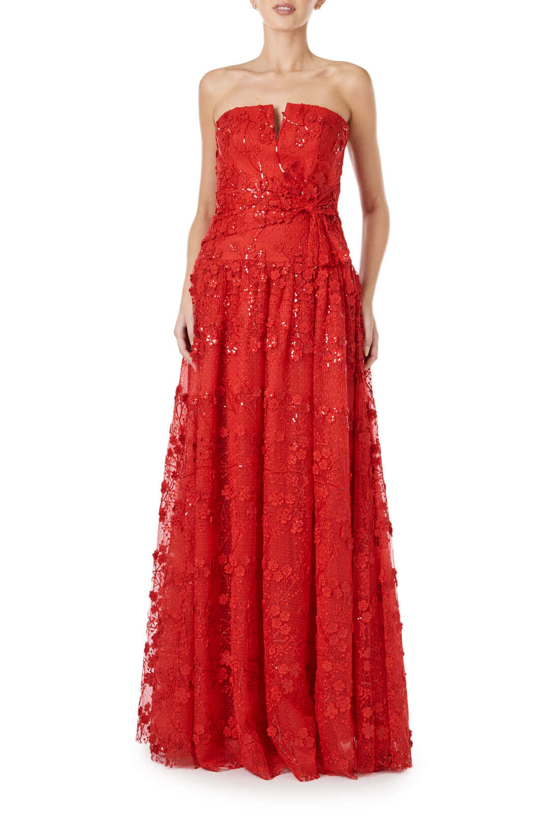 ML Monique Lhuillier red embroidered tulle long dress with strapless bodice and drop waist.