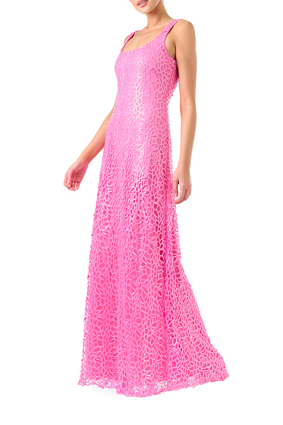 ML Monique Lhuillier Spring 2024 sleeveless, floor length gown with scoop neckline in Candy Pink sequin net - left side.