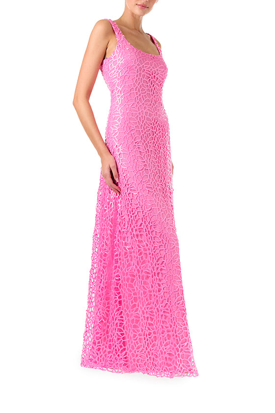 ML Monique Lhuillier Spring 2024 sleeveless, floor length gown with scoop neckline in Candy Pink sequin net - right side.
