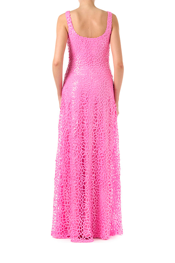 ML Monique Lhuillier Spring 2024 sleeveless, floor length gown with scoop neckline in Candy Pink sequin net - back.