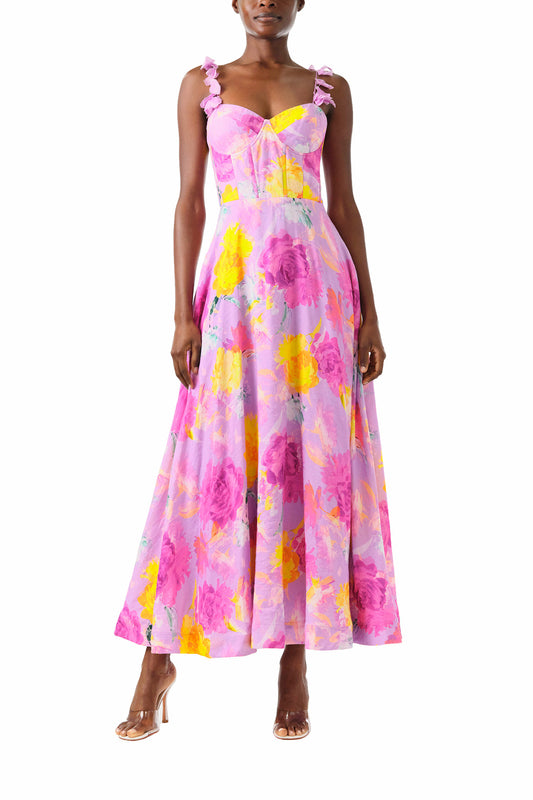 ML Monique Lhuillier 2024 Sleeveless midi dress with floral appliqued spaghetti straps and corset bodice in pink, purple and yellow floral printed linen - front.