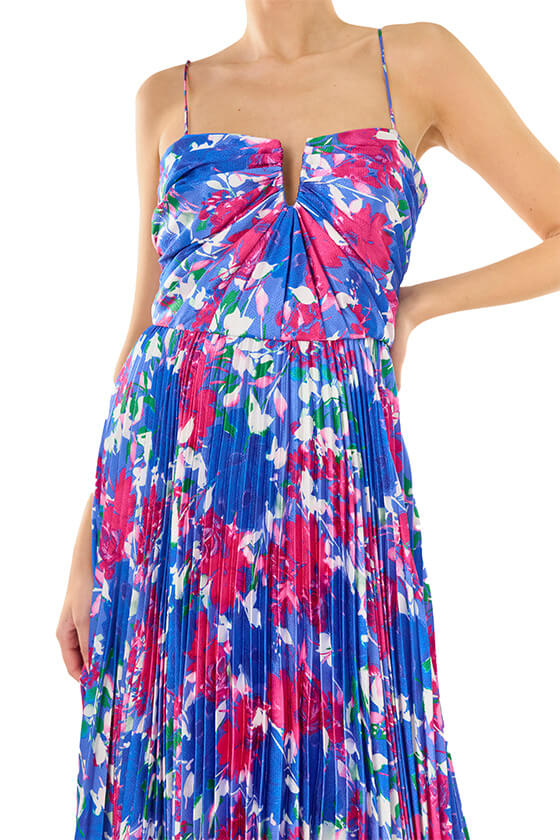 ML Monique Lhuillier blue and purple Hydrangea printed satin floor length dress.