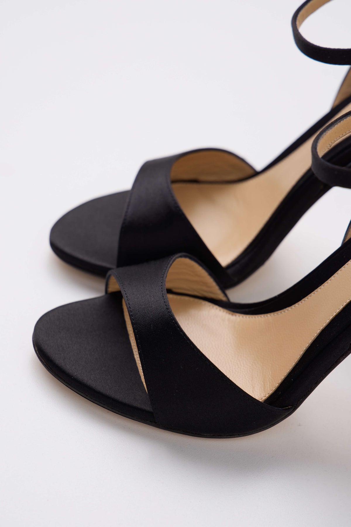 Ava sandal in Noir satin with silver buckle ankle strap and ombre lucite heel - toe boxl