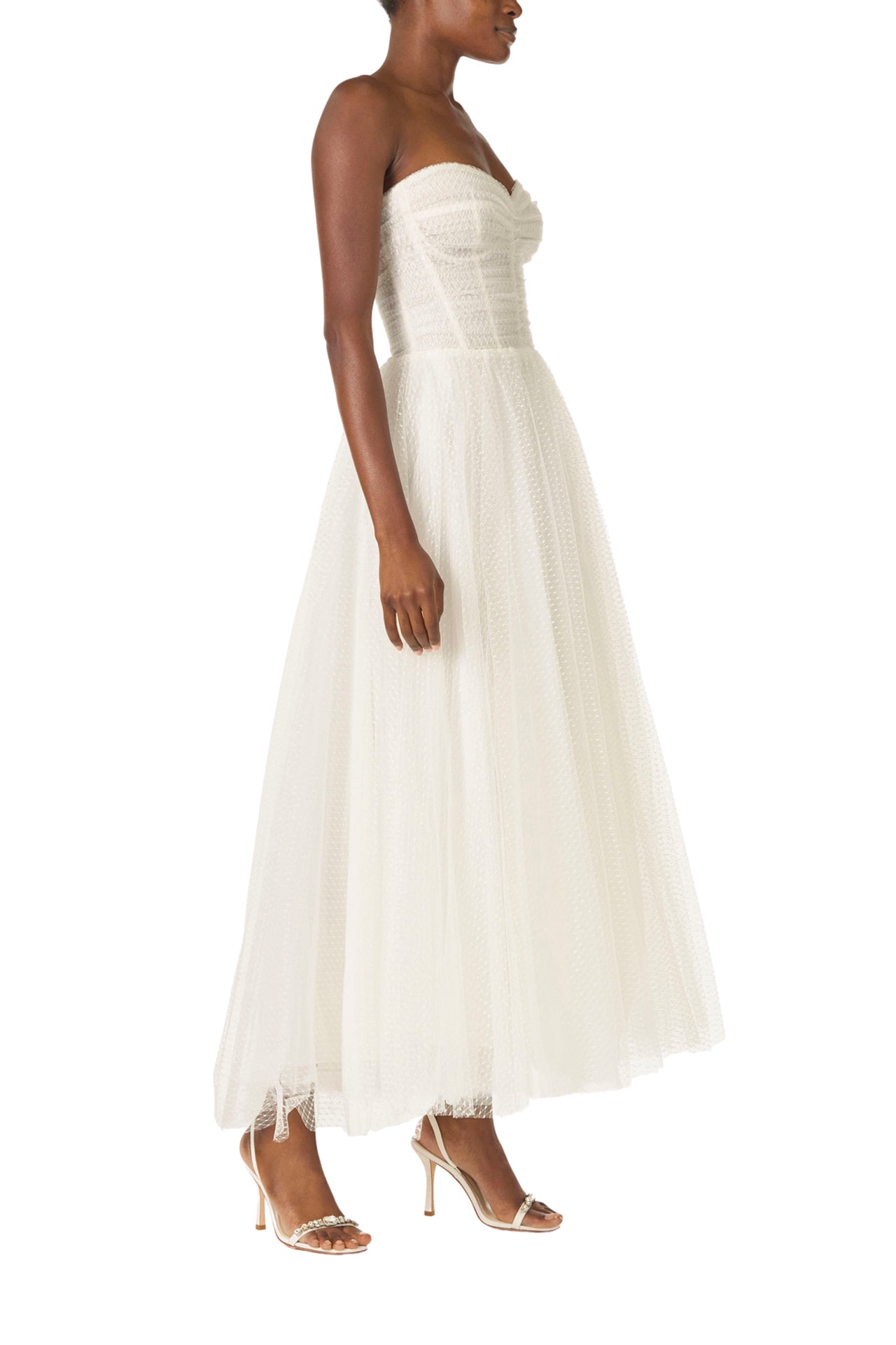 Monique Lhuillier "Brie Dress".
Strapless, tea length dress with sweetheart neckline in French Dot Tulle - right side.