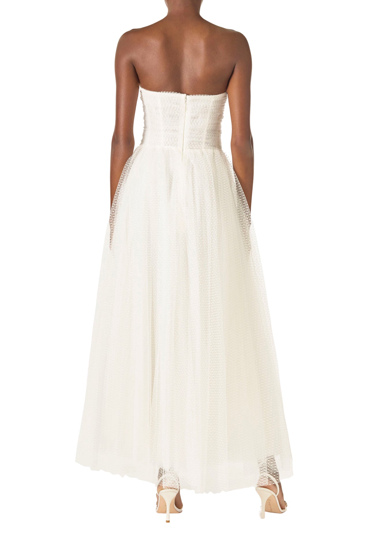 Monique Lhuillier "Brie Dress".
Strapless, tea length dress with sweetheart neckline in French Dot Tulle - back.