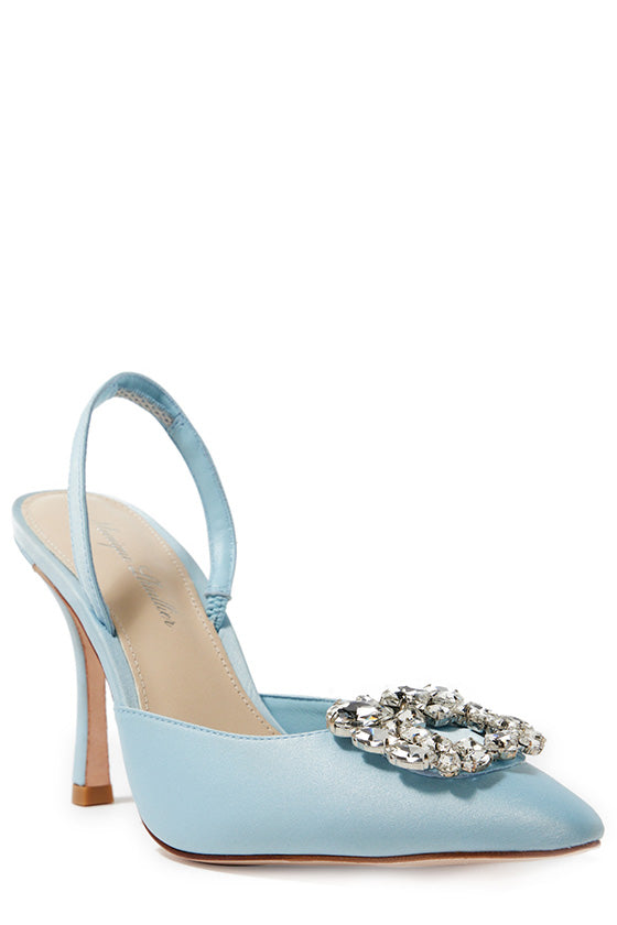 Monique Lhuillier ice blue satin Carrie heel with pointed toe, rhinestone cluster and slingback.