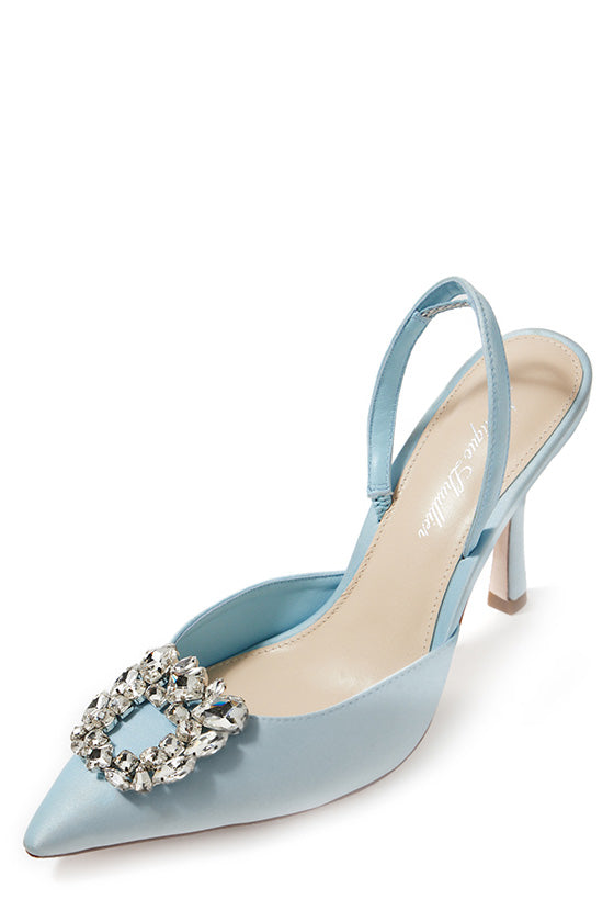 Monique Lhuillier ice blue satin Carrie heel with pointed toe, rhinestone cluster and slingback.