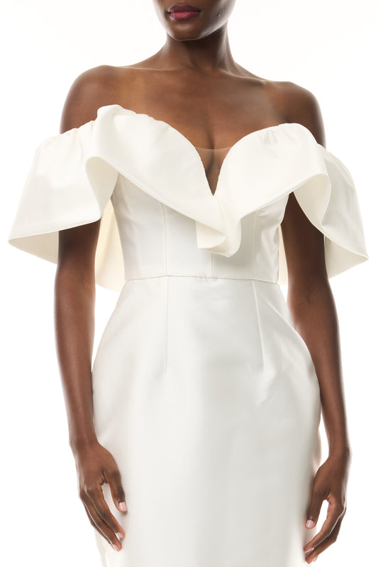 Monique Lhuillier midi length Chantel bridal dress with ruffle neckline and deep v sweetheart neckline in silk white mikado - fabric.