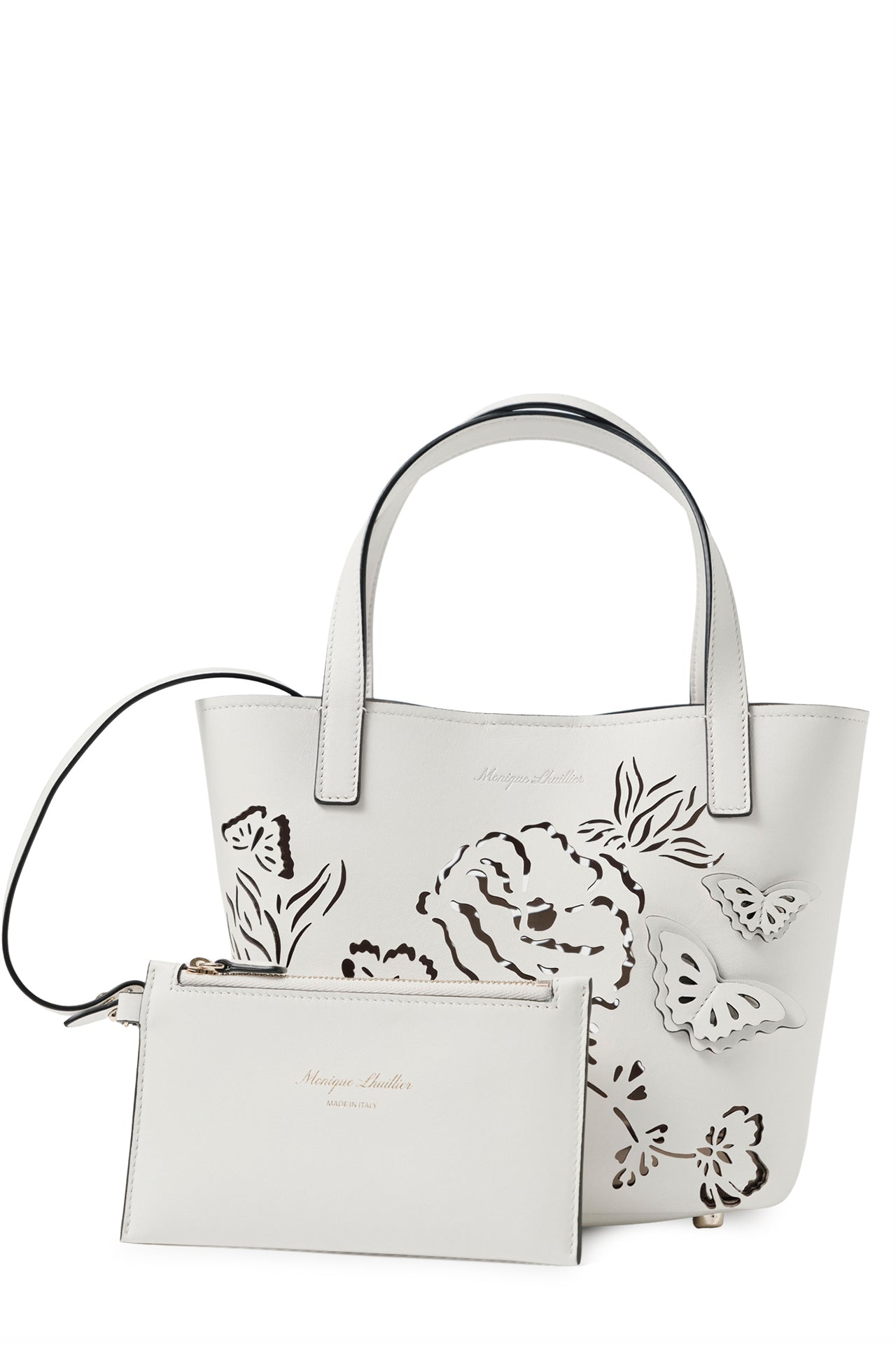 Leather top handle mini tote bag with laser cut florals, three-dimensional leather butterflies and small zip pouch in Ivory- front with zip pouch