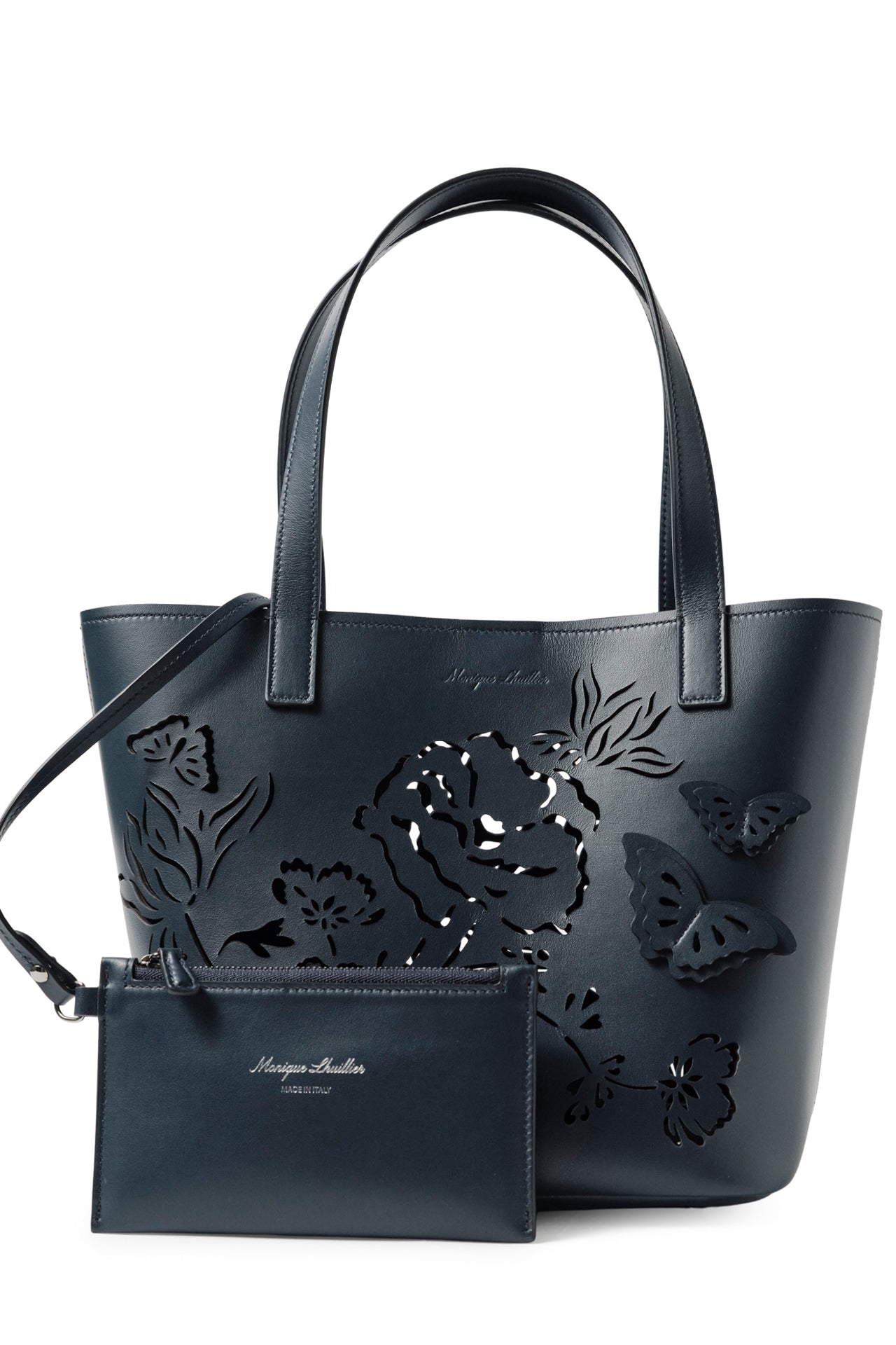 Leather top handle tote bag with laser cut florals, three-dimensional leather butterflies and small zip pouch in Navy- front with zip pouch