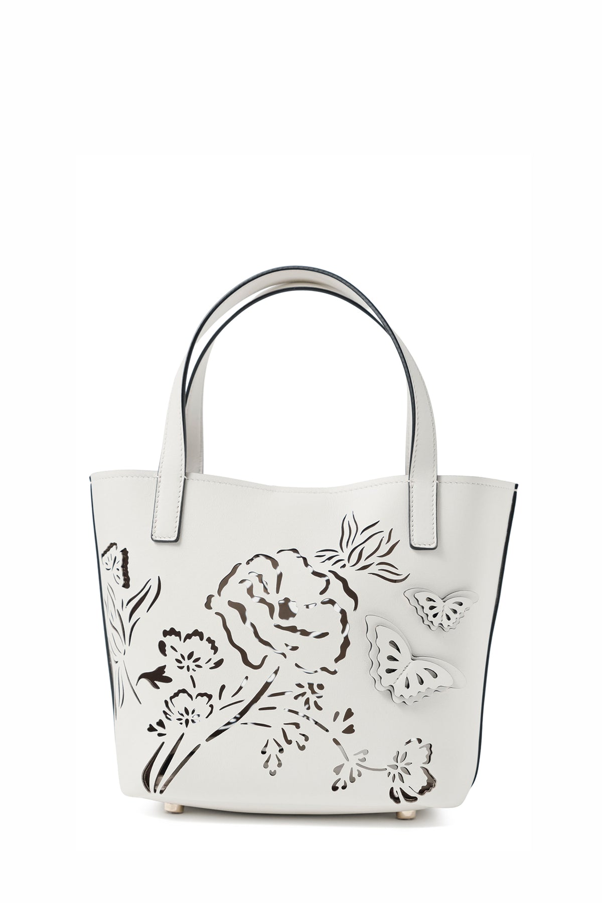 Leather top handle mini tote bag with laser cut florals, three-dimensional leather butterflies and small zip pouch in Ivory- back