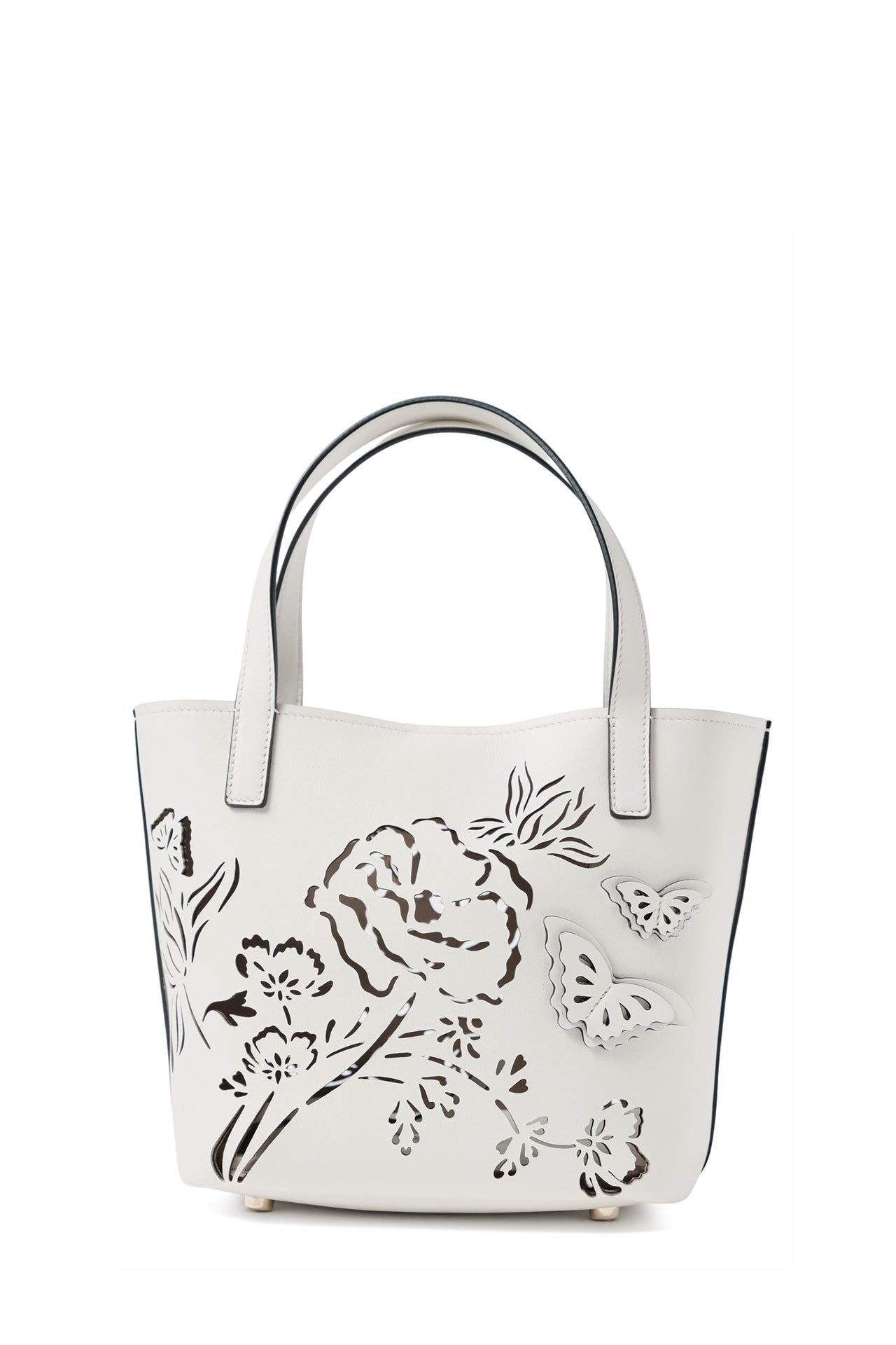 Leather top handle mini tote bag with laser cut florals, three-dimensional leather butterflies and small zip pouch in Ivory- back