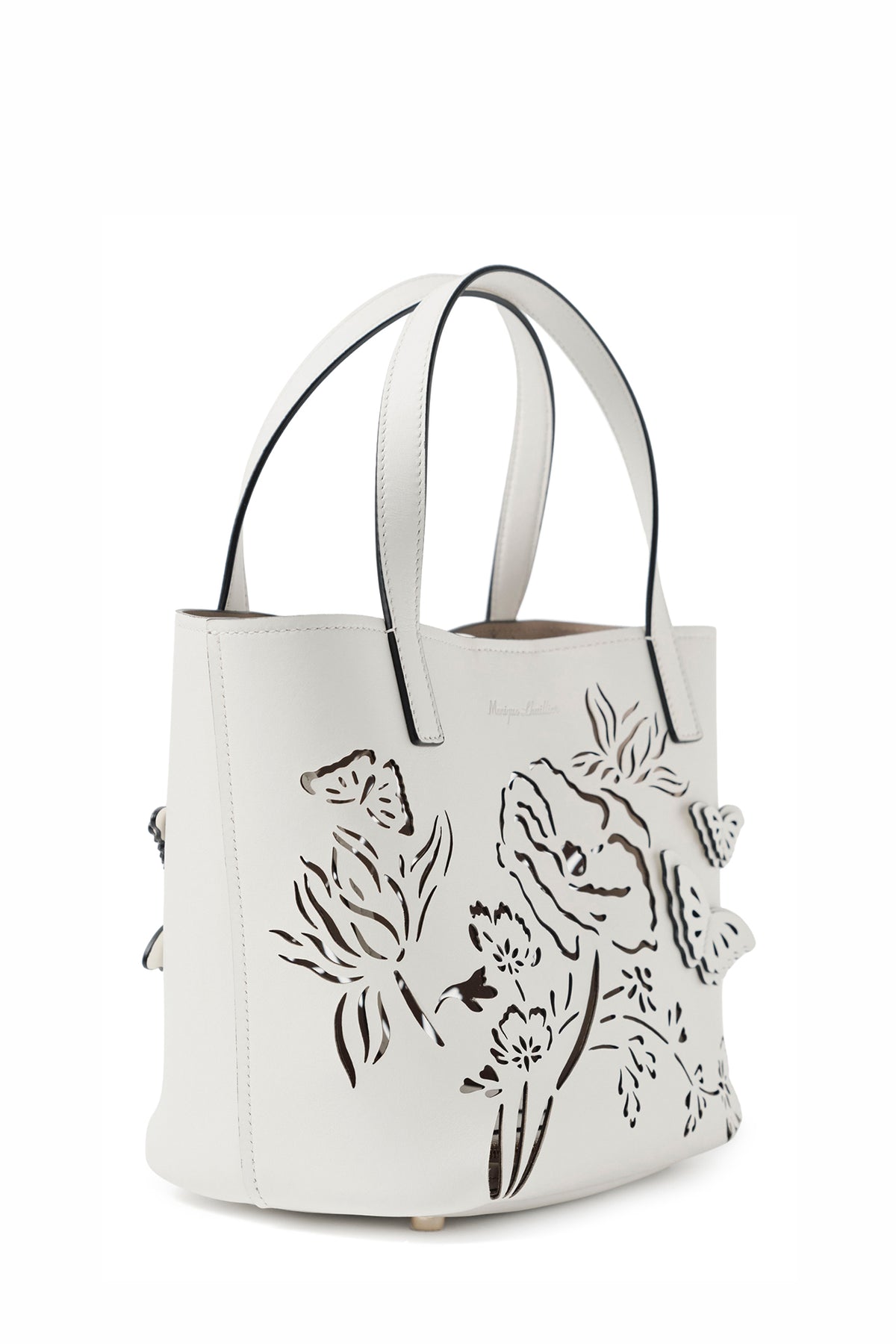 Leather top handle mini tote bag with laser cut florals, three-dimensional leather butterflies and small zip pouch in Ivory- side