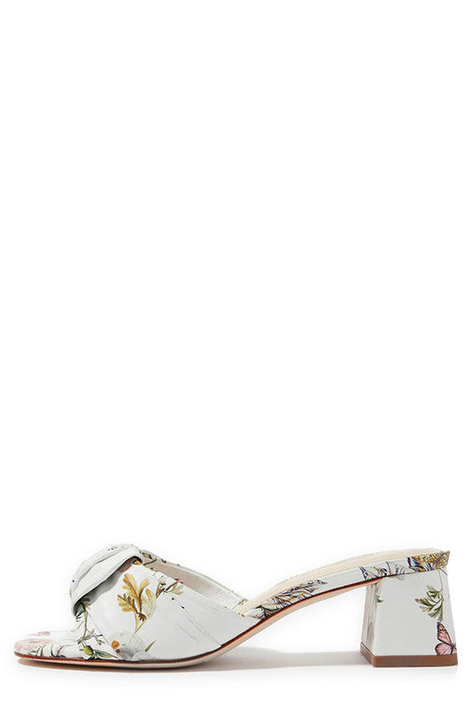 Monique Lhuillier low block heel mule in white botanical printed leather.