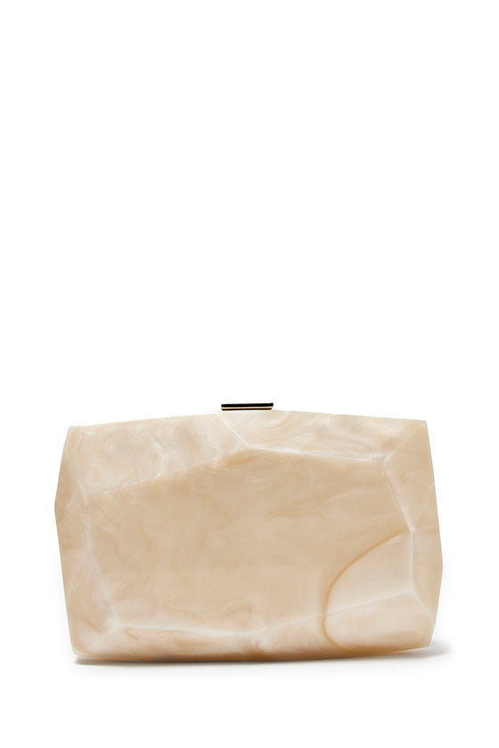 Lucite faceted minaudière with silver metal clasp at top in Pearl- front