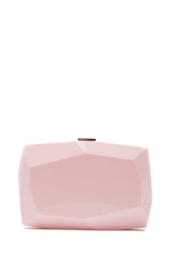 Lucite faceted minaudière with metal clasp at top in Peony Pink- front