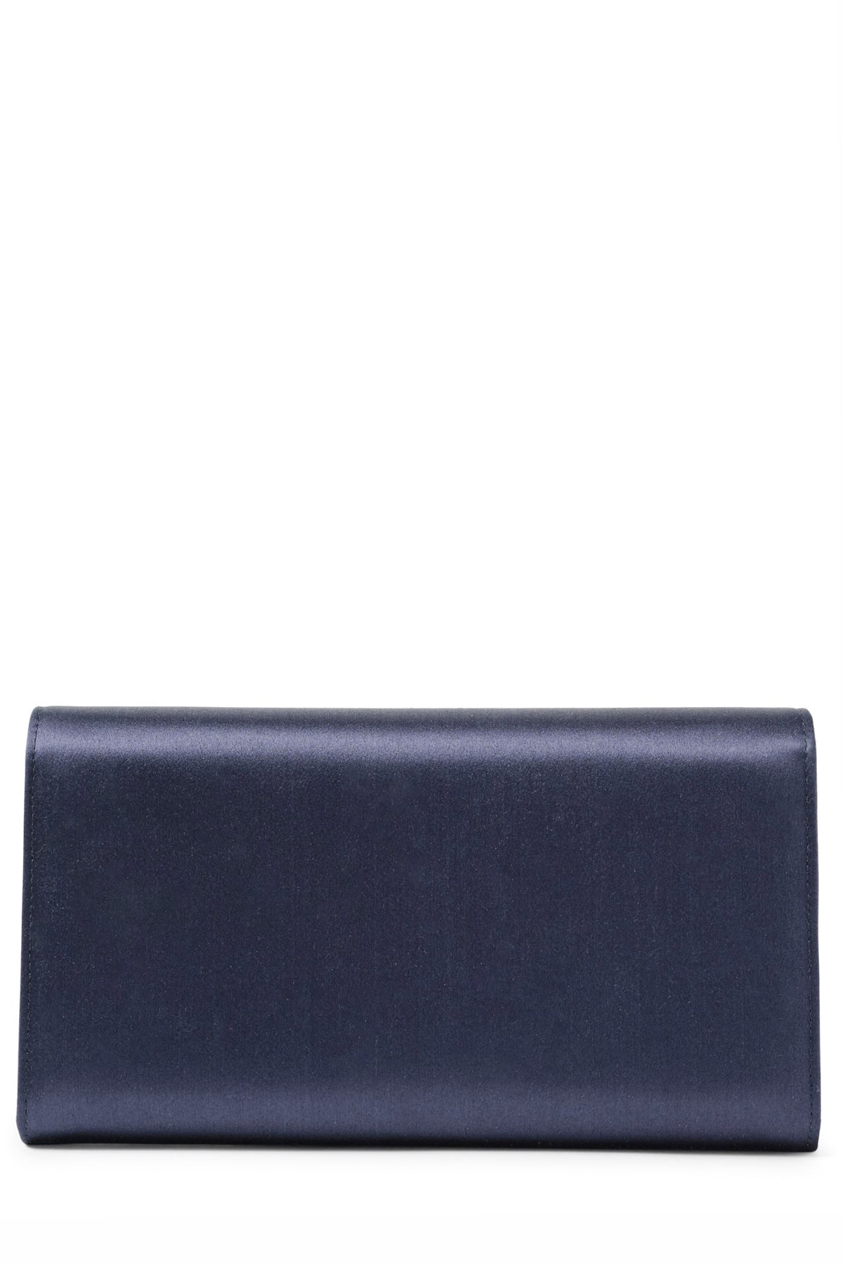 Satin evening envelope clutch with snap closure and gold optional strap in Navy- back