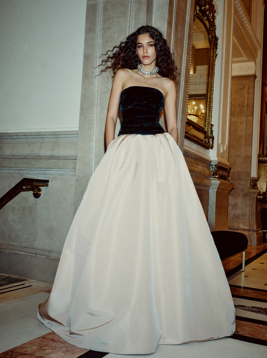 Monique Lhuillier Fall 2025 Noir/Cameo velvet and faille draped bodice ballgown - lookbook.