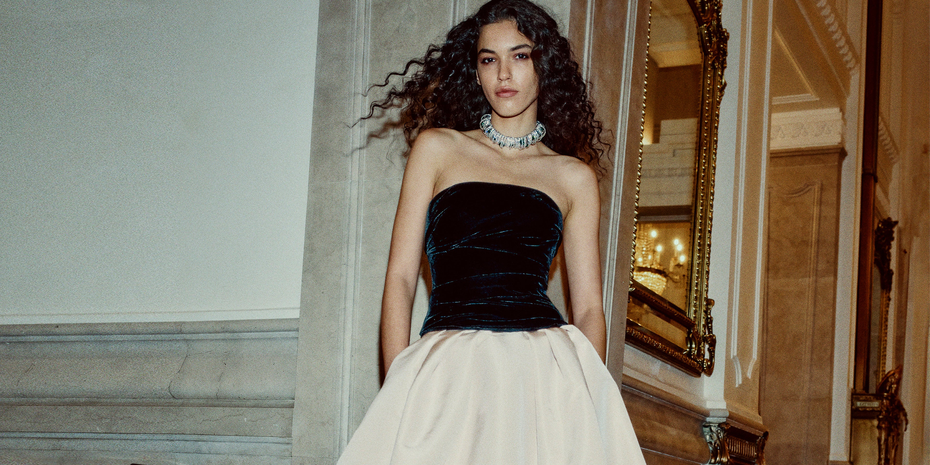 Monique Lhuillier Fall 2025 Noir/Cameo velvet and faille draped bodice ballgown - lookbook.