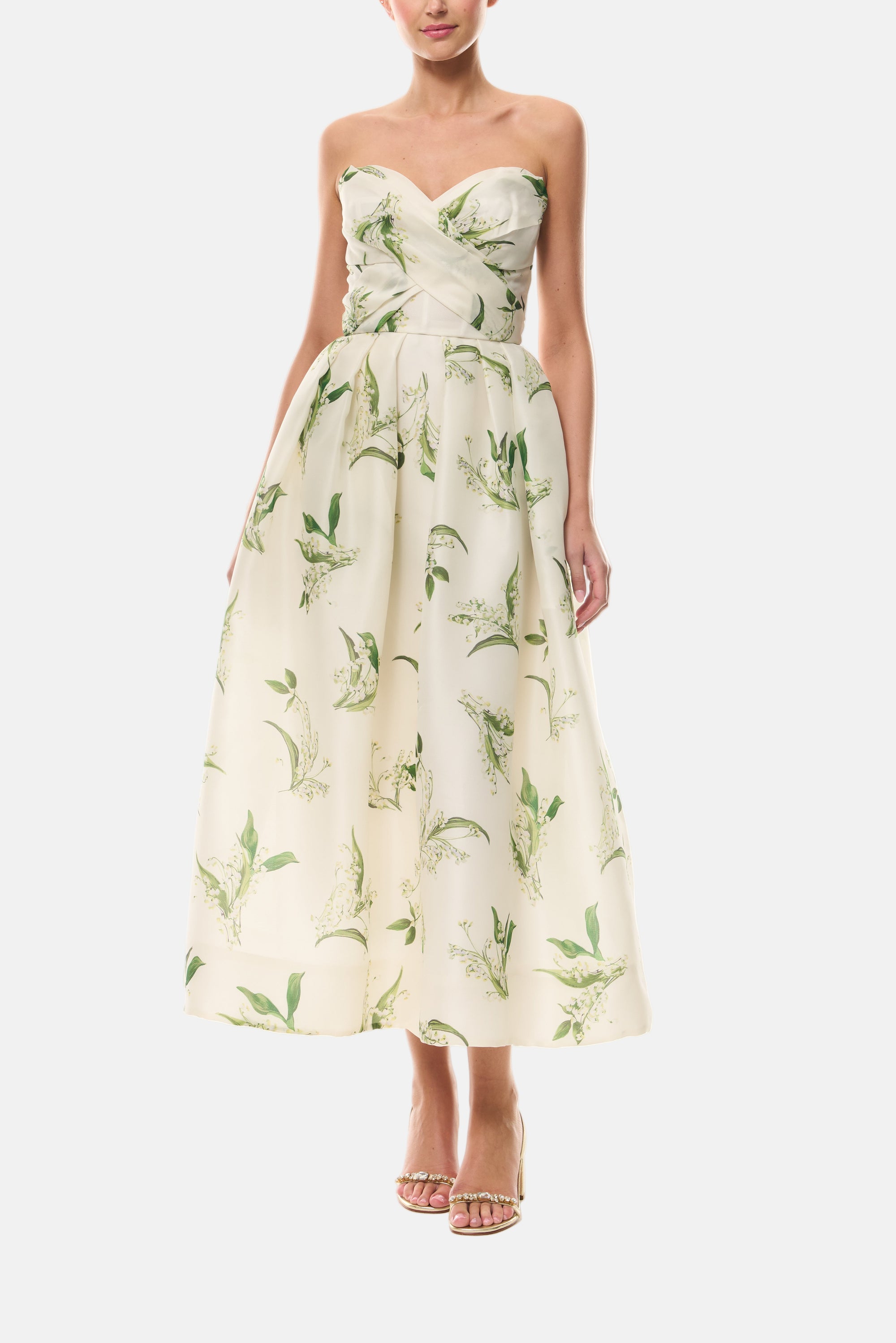 Monique Lhuillier Florette Silk White/Leaf Lily of the Valley-printed organza midi-length dress from The Bridal Edit - front.