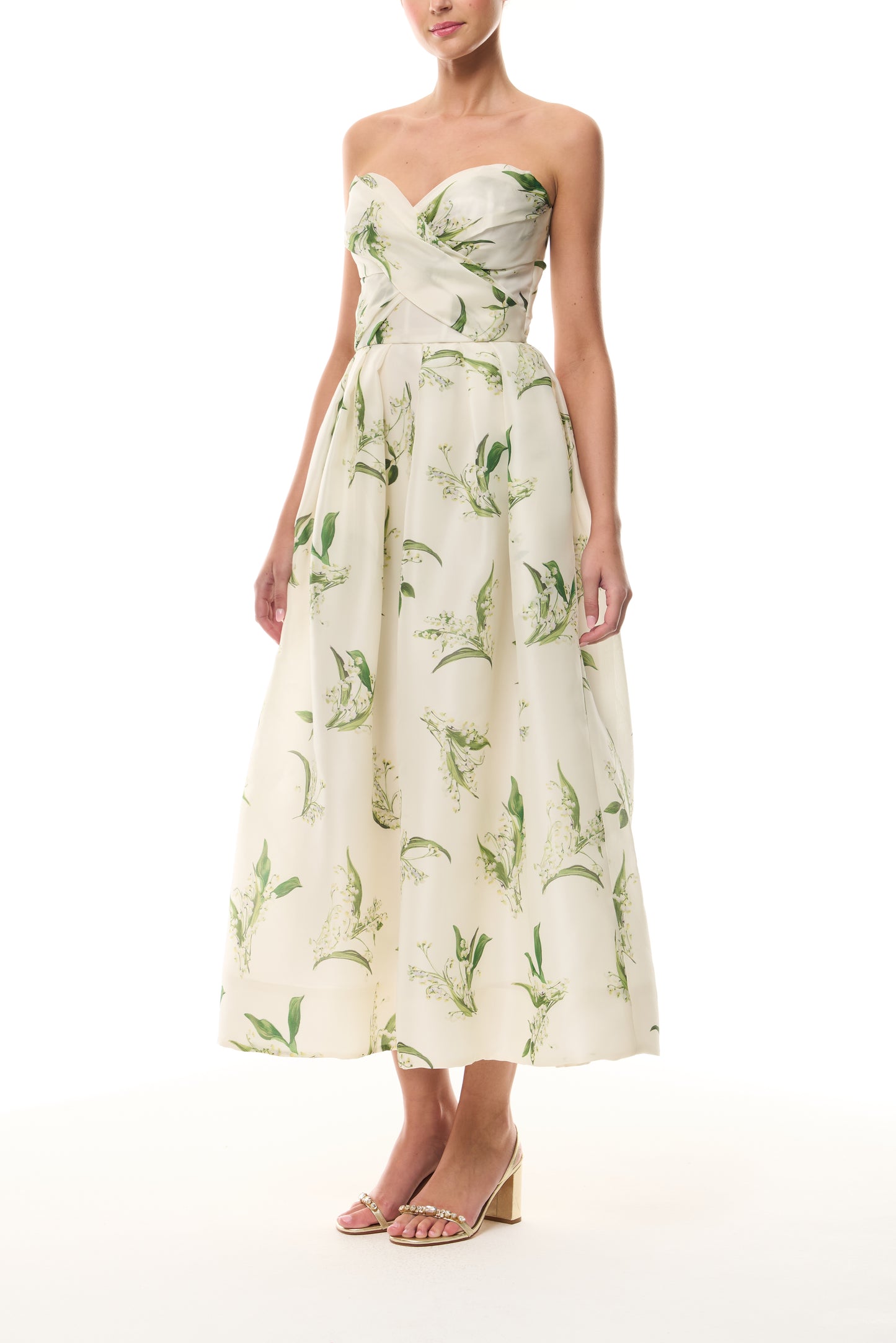 Monique Lhuillier Florette Silk White/Leaf Lily of the Valley-printed organza midi-length dress from The Bridal Edit - side.