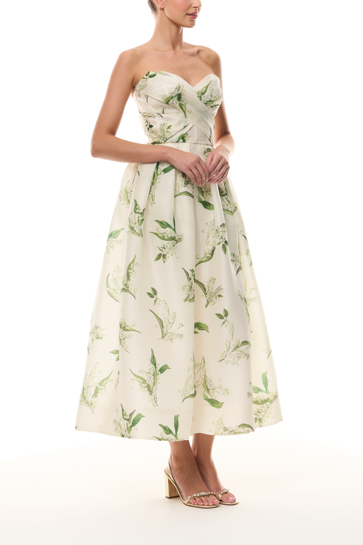 Monique Lhuillier Florette Silk White/Leaf Lily of the Valley-printed organza midi-length dress from The Bridal Edit - side.
