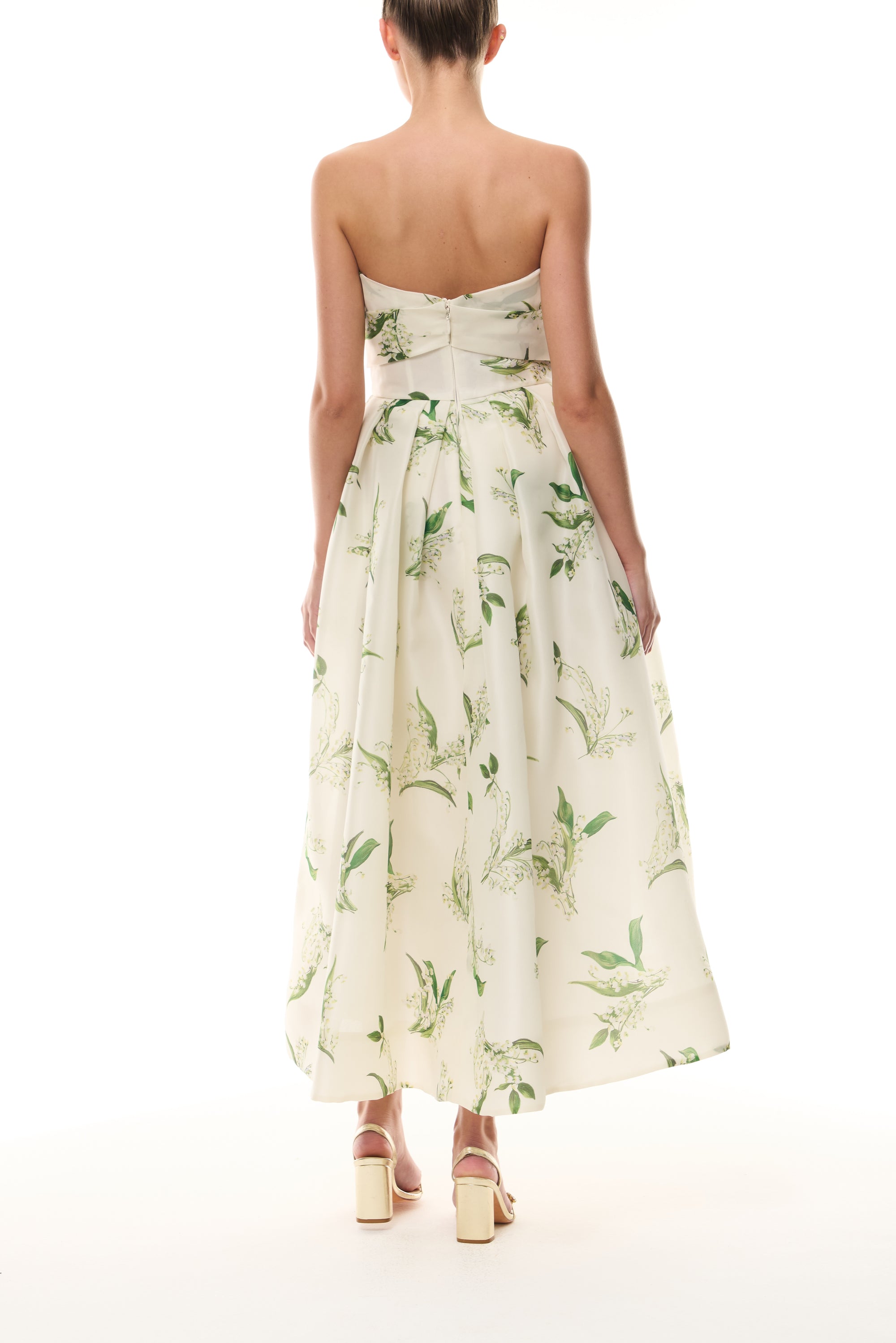 Monique Lhuillier Florette Silk White/Leaf Lily of the Valley-printed organza midi-length dress from The Bridal Edit - back.