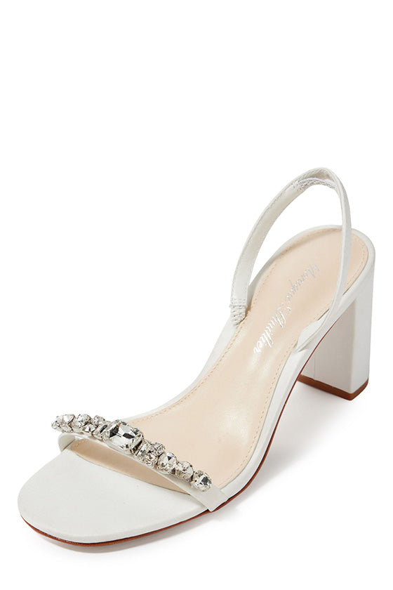 Monique Lhuillier Hollis heel in silk white satin with rhinestone toe strap and block heel.