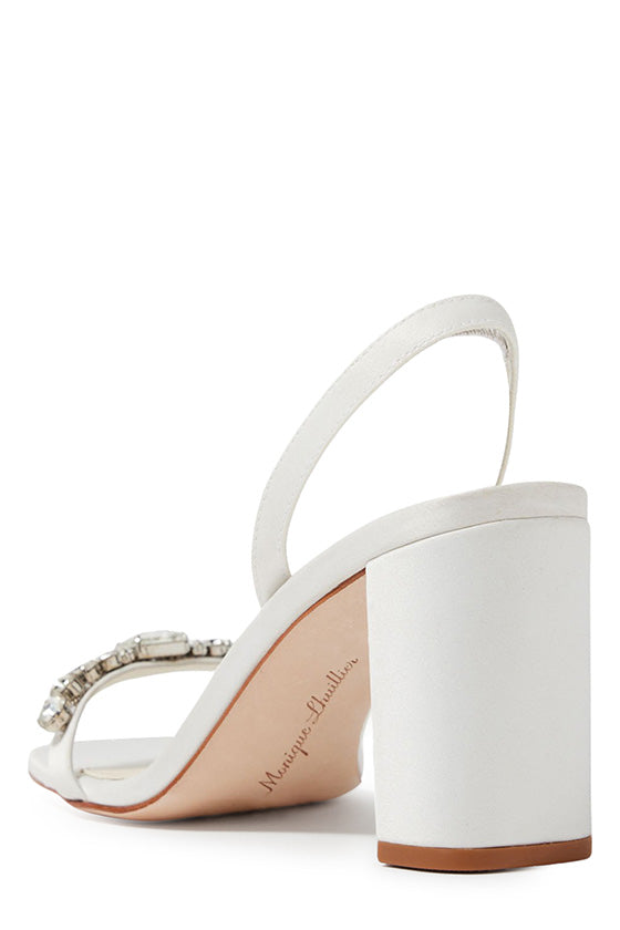 Monique Lhuillier Hollis heel in silk white satin with rhinestone toe strap and block heel.