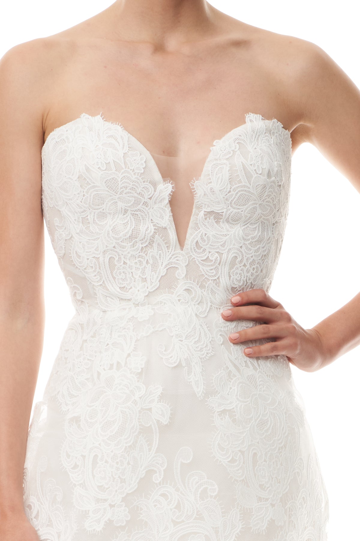 Strapless silk white lace mini dress with sweetheart neckline and illusion tulle inset - neckline.