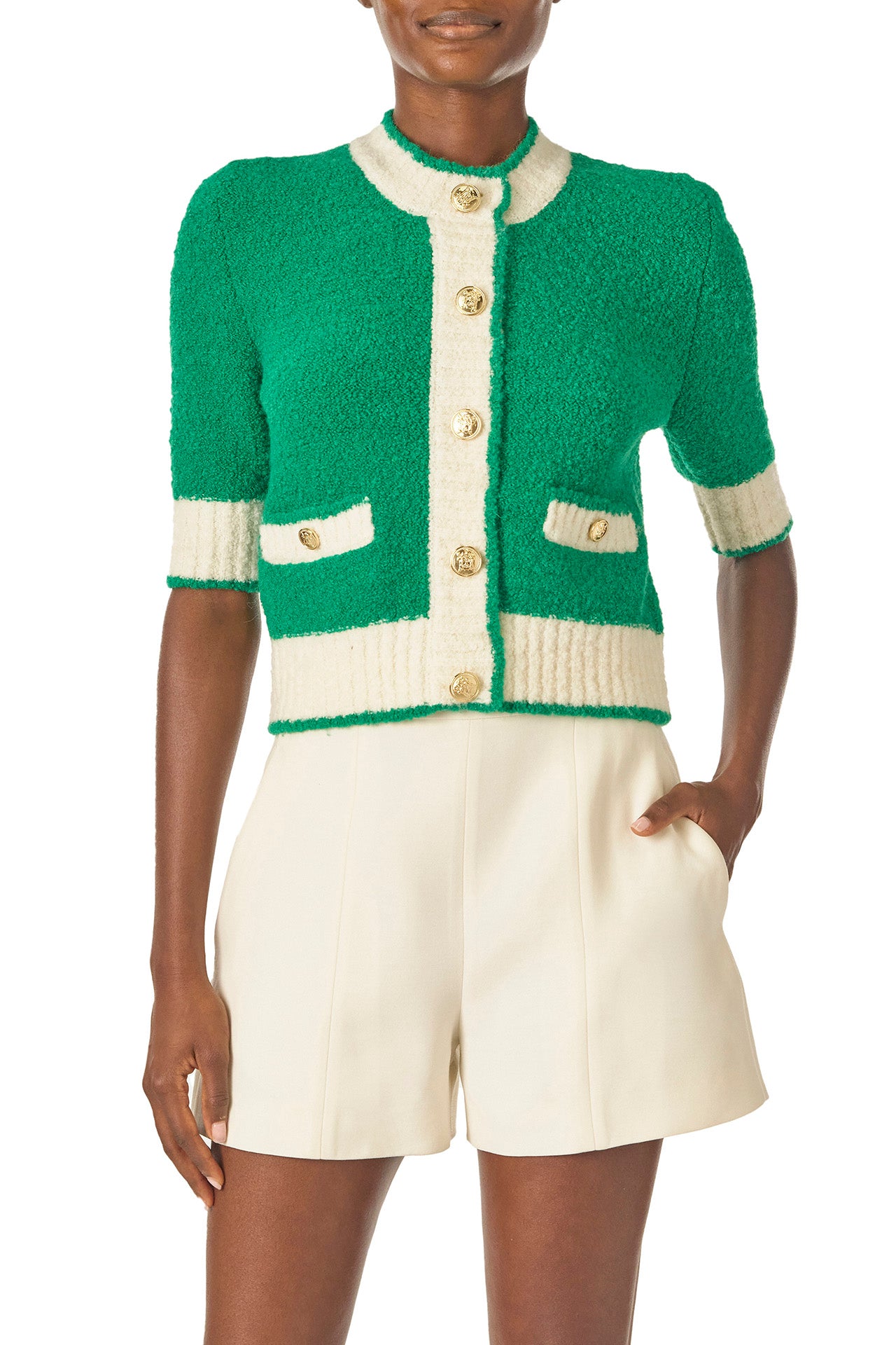 Monique Lhuillier Spring 2025 Short sleeve knit cardigan in Grass/Silk White Boucle - front.