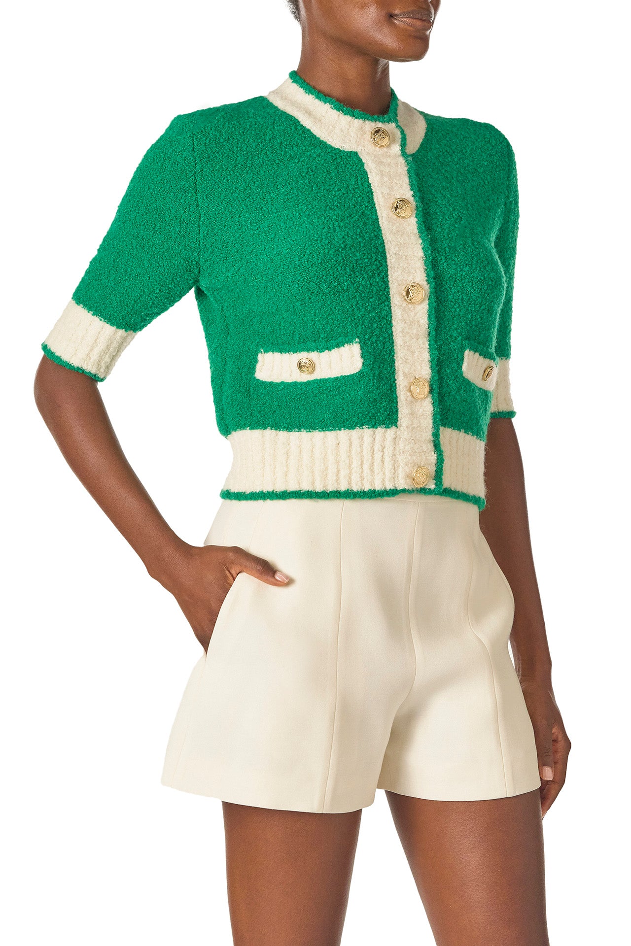 Monique Lhuillier Spring 2025 Short sleeve knit cardigan in Grass/Silk White Boucle - side.