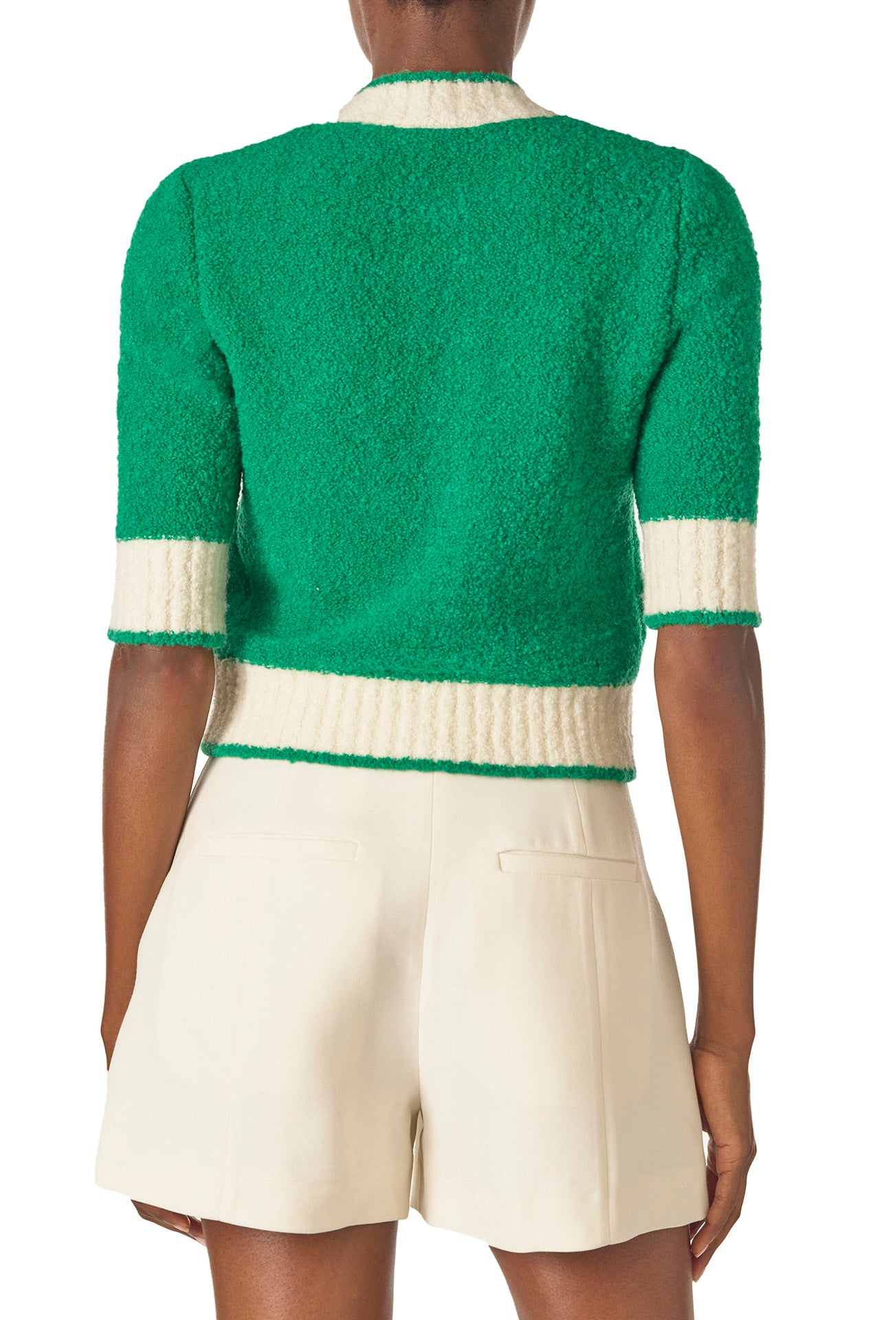 Monique Lhuillier Spring 2025 Short sleeve knit cardigan in Grass/Silk White Boucle - back.