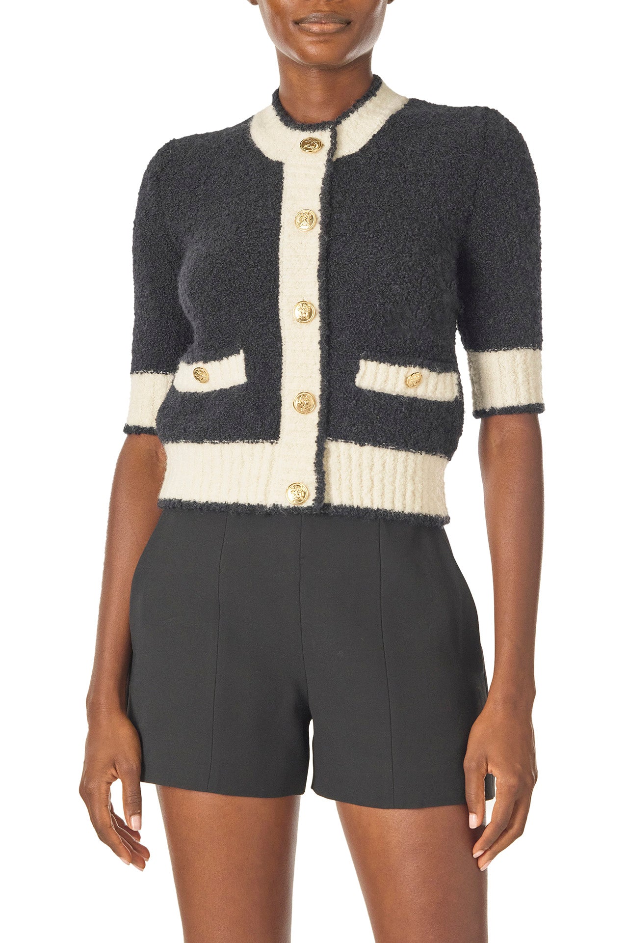 Monique Lhuillier Spring 2025 Short sleeve knit cardigan in Noir/Silk White Boucle - front.