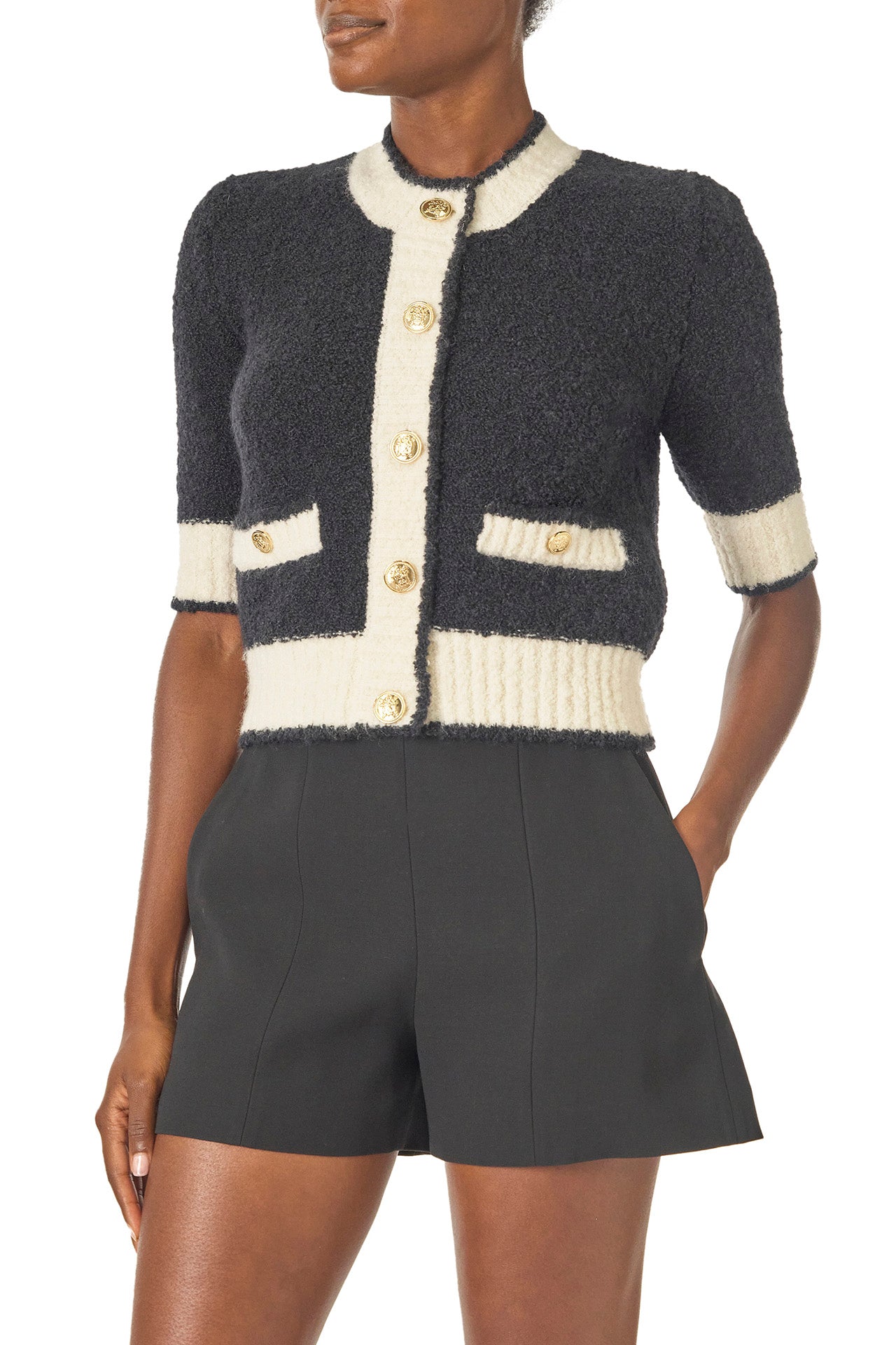 Monique Lhuillier Spring 2025 Short sleeve knit cardigan in Noir/Silk White Boucle - side.