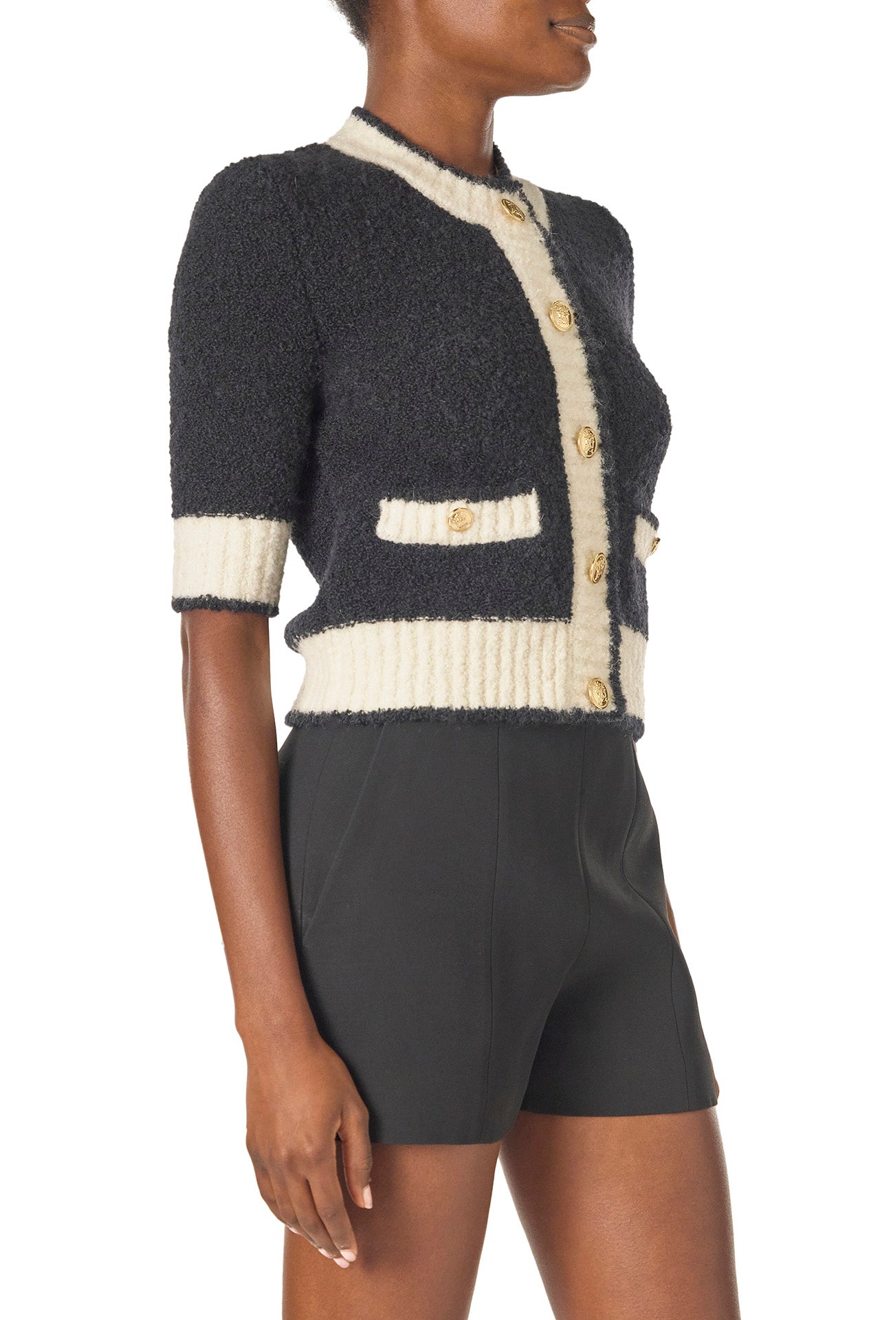 Monique Lhuillier Spring 2025 Short sleeve knit cardigan in Noir/Silk White Boucle - side two.