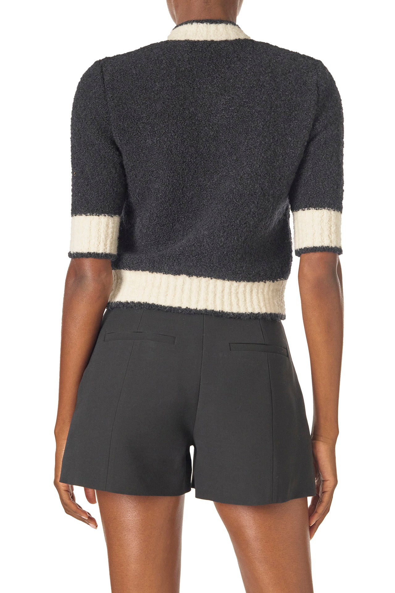 Monique Lhuillier Spring 2025 Short sleeve knit cardigan in Noir/Silk White Boucle - back.