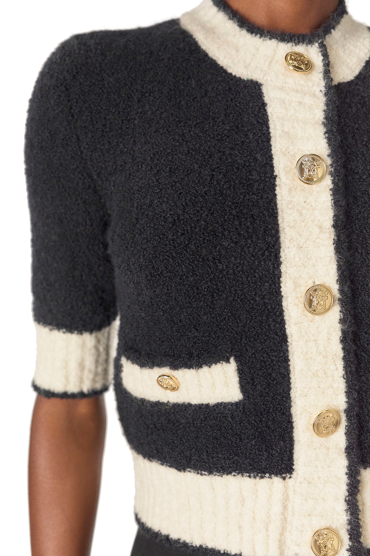 Monique Lhuillier Spring 2025 Short sleeve knit cardigan in Noir/Silk White Boucle - fabric.