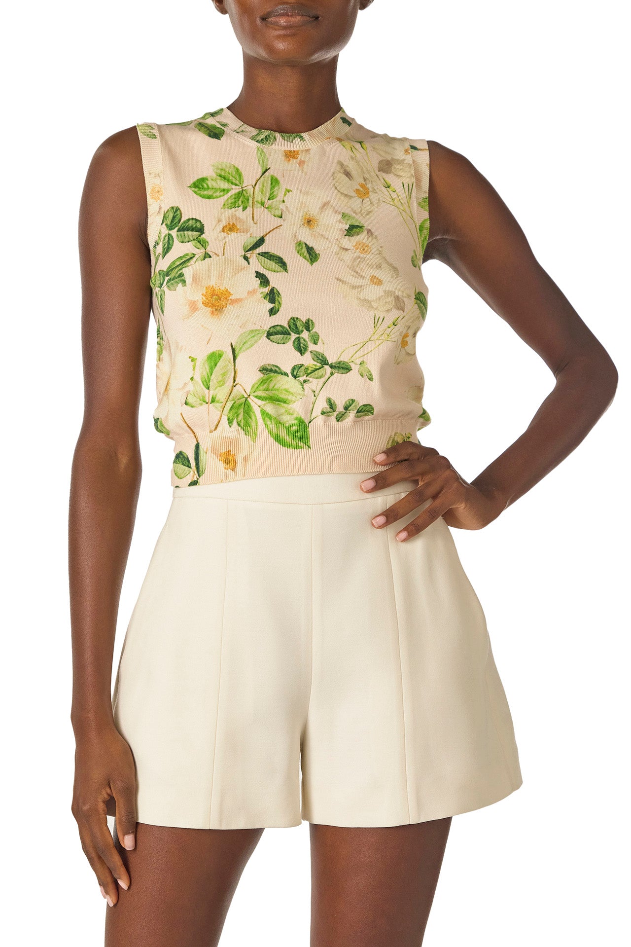 Monique Lhuillier Spring 2025 rose printed knit sleeveless shell in Bellini Multi color - front.