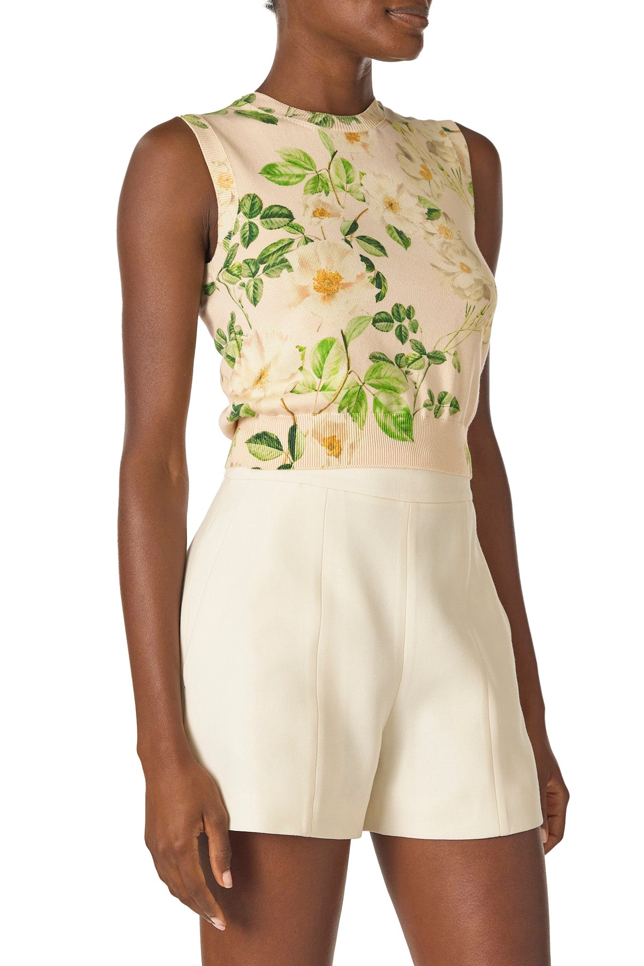 Monique Lhuillier Spring 2025 rose printed knit sleeveless shell in Bellini Multi color - side.